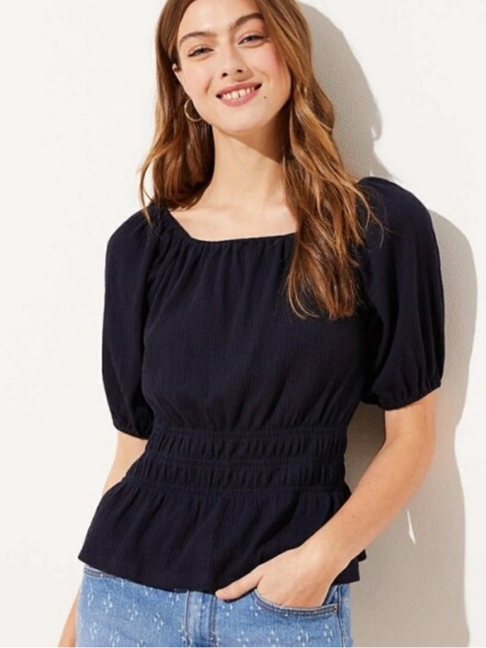 Loft Smocked Waist Puff Sleeve Top Dark Blue Medium